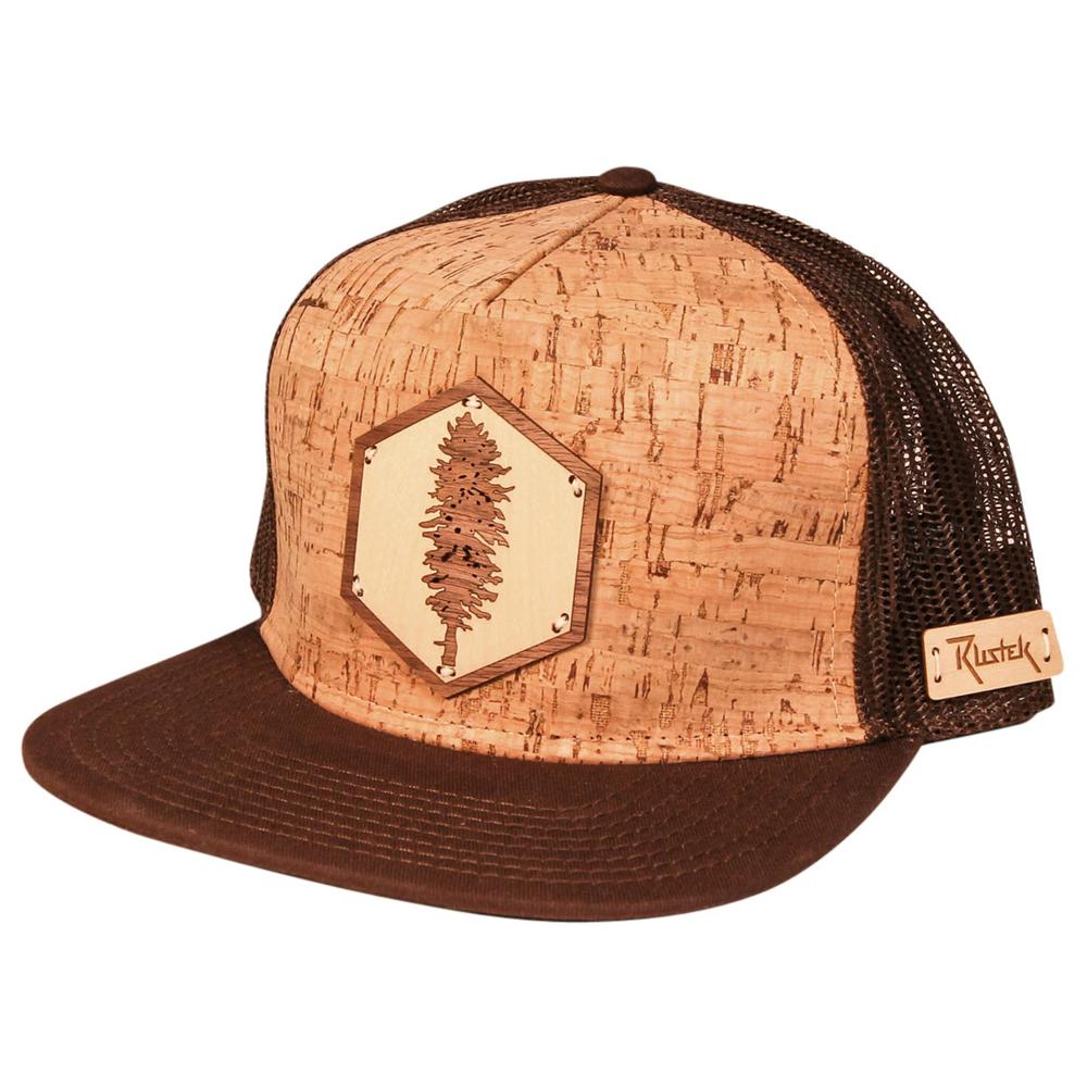 Rustek Unisex Doug Fir Wood Inlay + Cork Trucker Cap Flat Brim BROWN